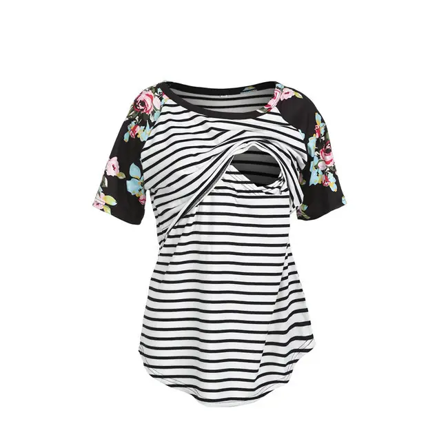 Women Striped Floral Sleeve Nursing Top - Image 4