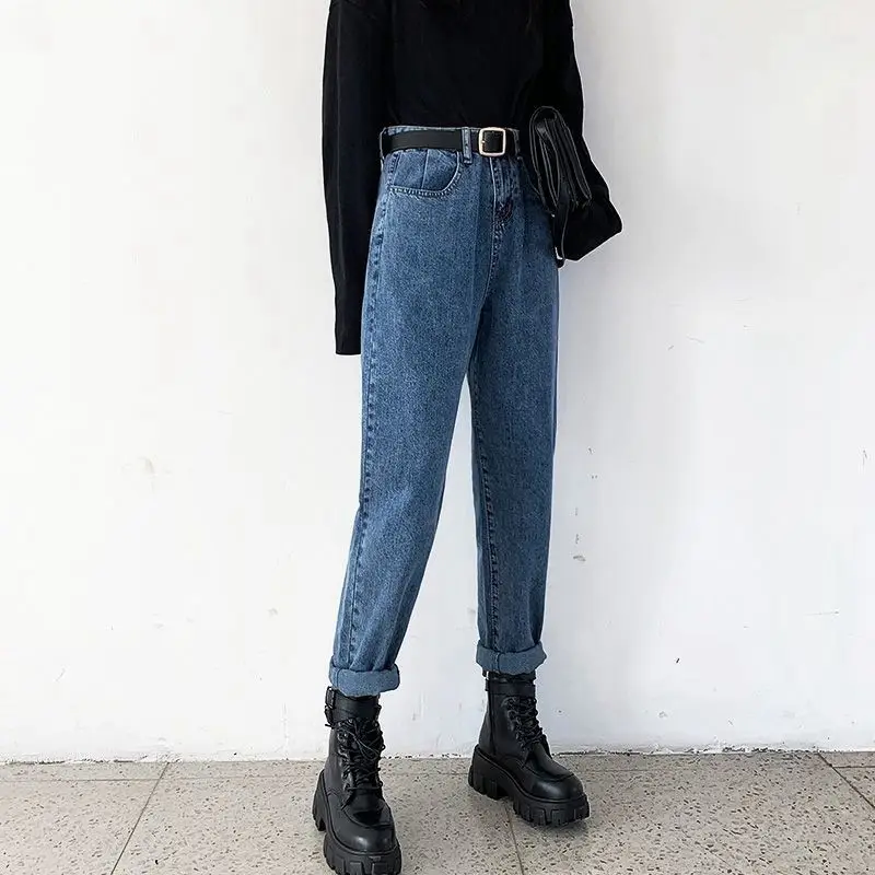 Women's Black Fleece Lined Harem Jeans with High Waist
