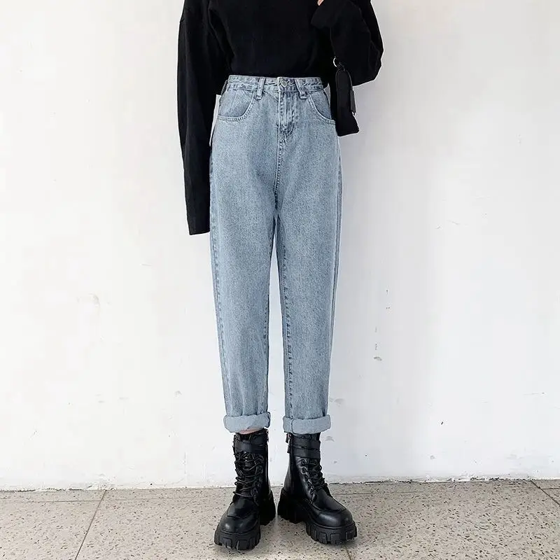 Women's Black Fleece Lined Harem Jeans with High Waist