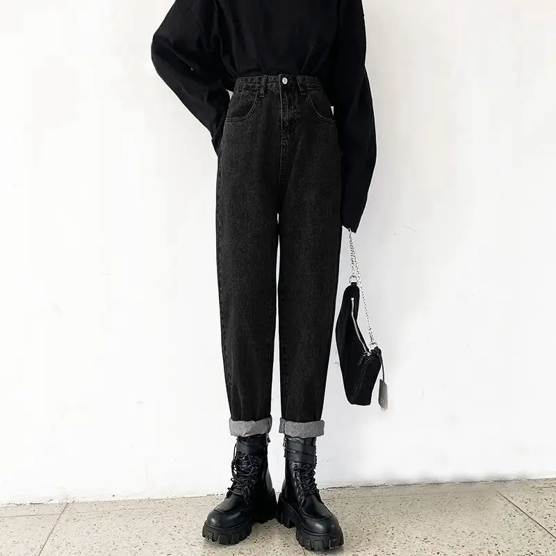 Women's Black Fleece Lined Harem Jeans with High Waist