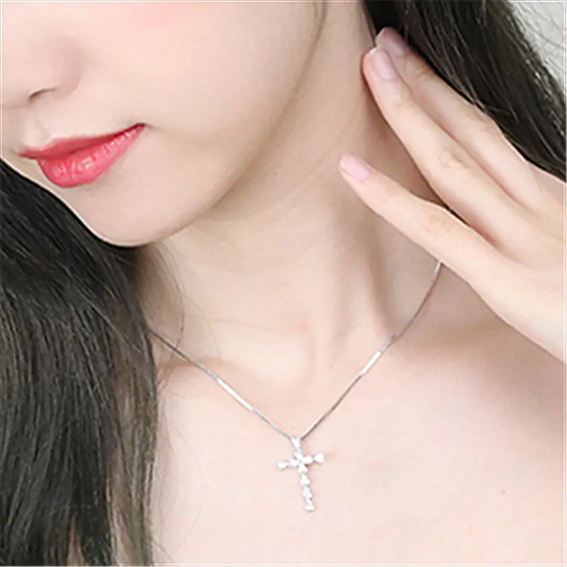 Silver Korean Cross Pendant Necklace with Pear Shaped Diamonds - Image 3
