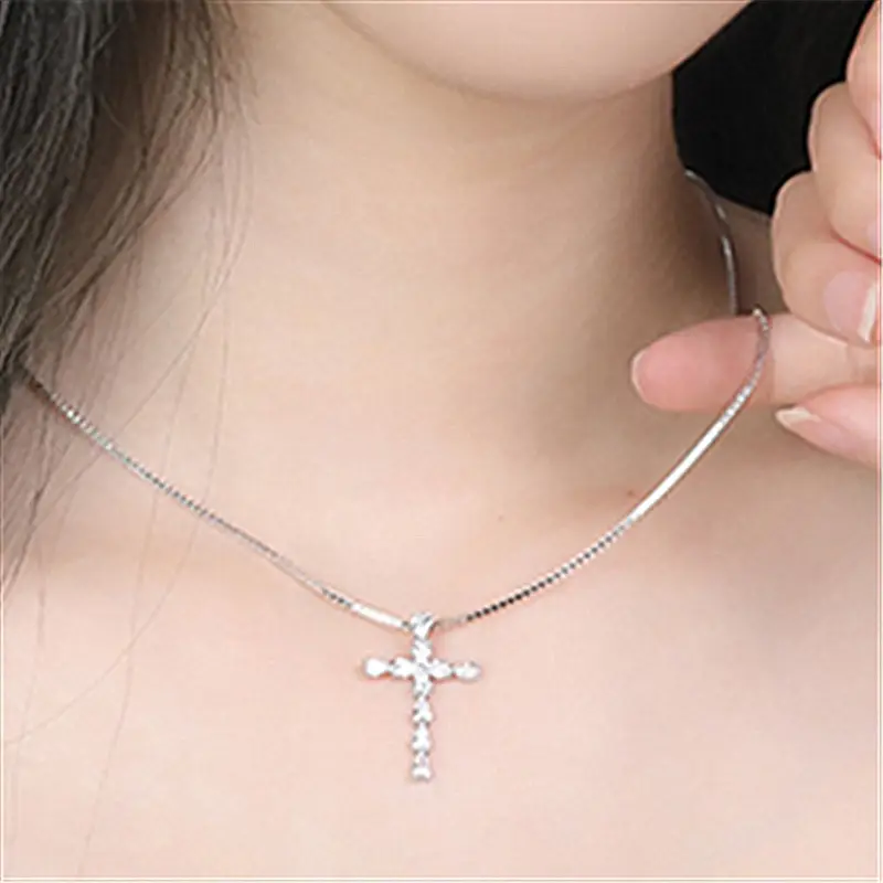 Silver Korean Cross Pendant Necklace with Pear Shaped Diamonds - Image 4