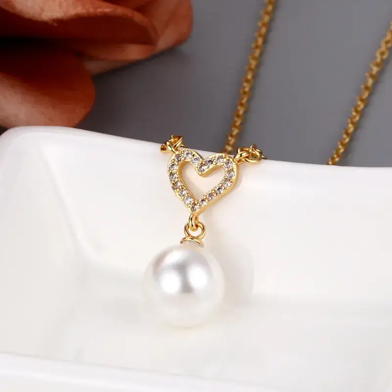 Heart Shaped Pearl Pendant Necklace Set Gold Silver - Image 7