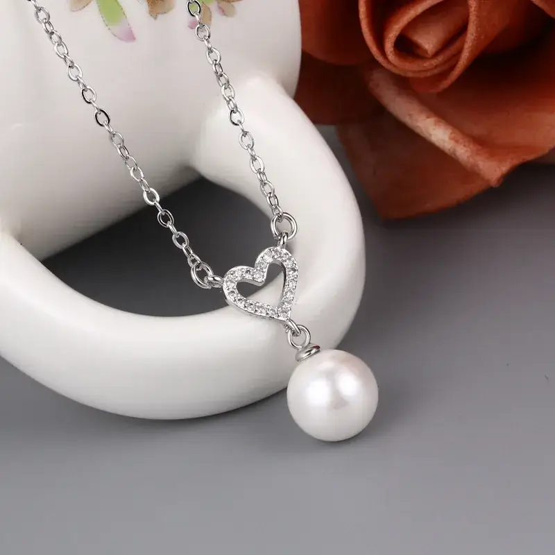 Heart Shaped Pearl Pendant Necklace Set Gold Silver - Image 8
