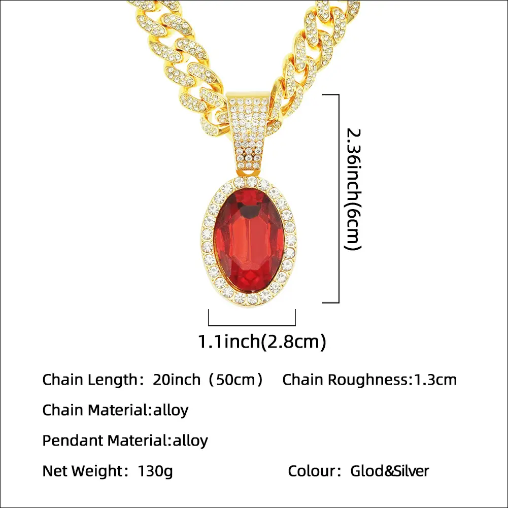 Men's Ruby Oval Pendant Cuban Chain Necklace