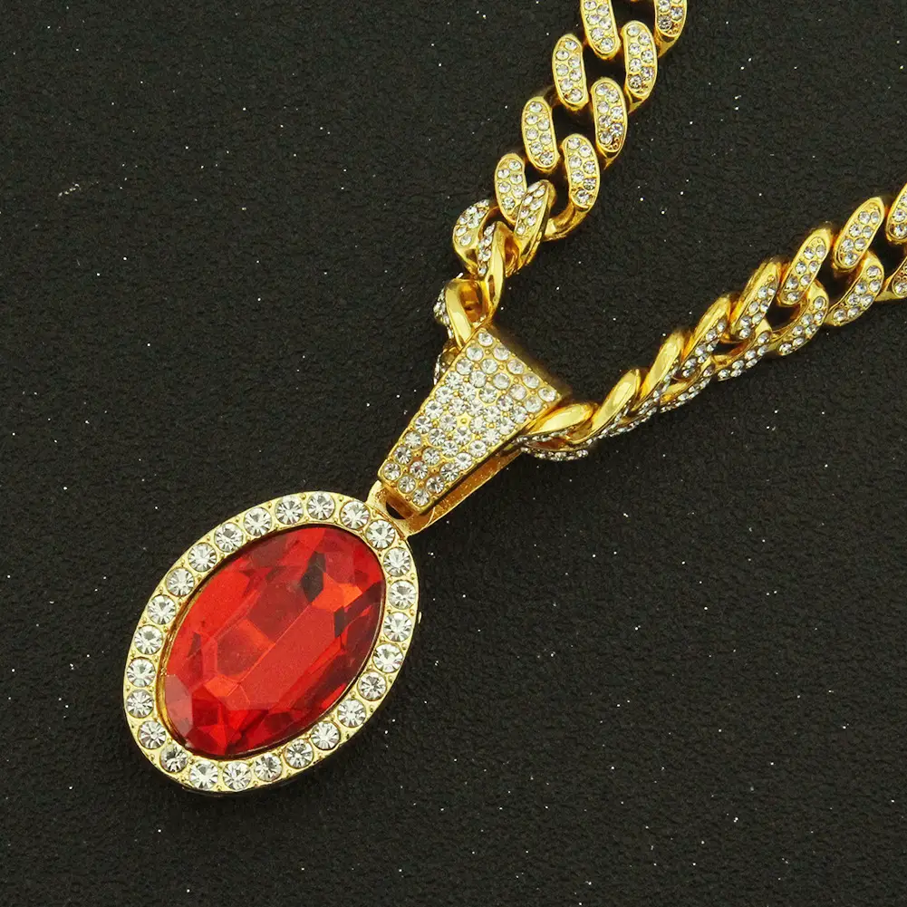 Men's Ruby Oval Pendant Cuban Chain Necklace