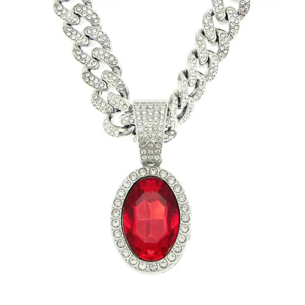 Men's Ruby Oval Pendant Cuban Chain Necklace