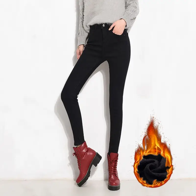 Women Fleece Lined Slimming Jeans Black High Waist - Image 3