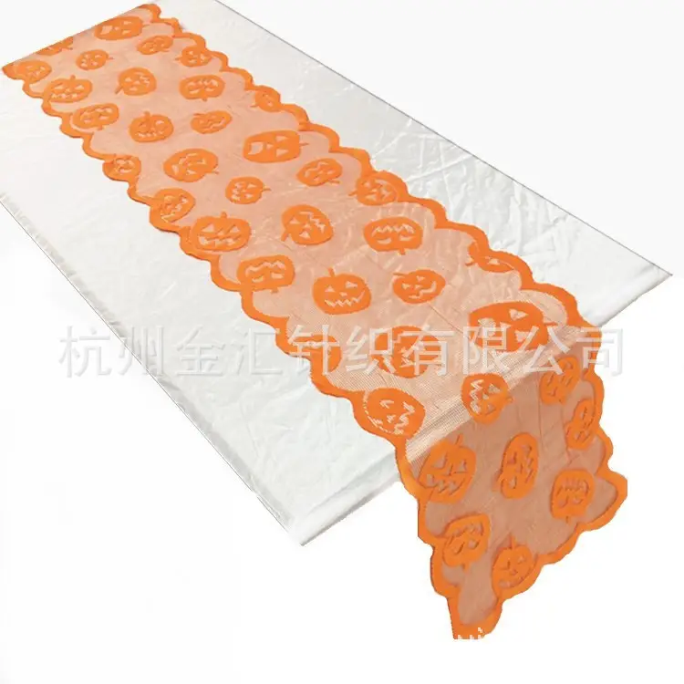 Halloween Hot Orange Pumpkin Pattern Warp Knitted Lace Long Coffee Table Table Runner Spot Wholesale - Image 2