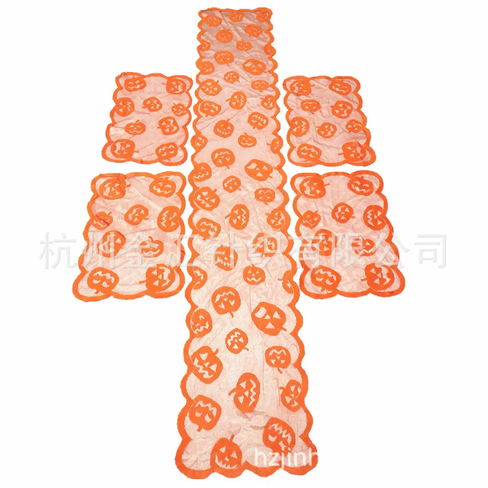 Halloween Hot Orange Pumpkin Pattern Warp Knitted Lace Long Coffee Table Table Runner Spot Wholesale - Image 3