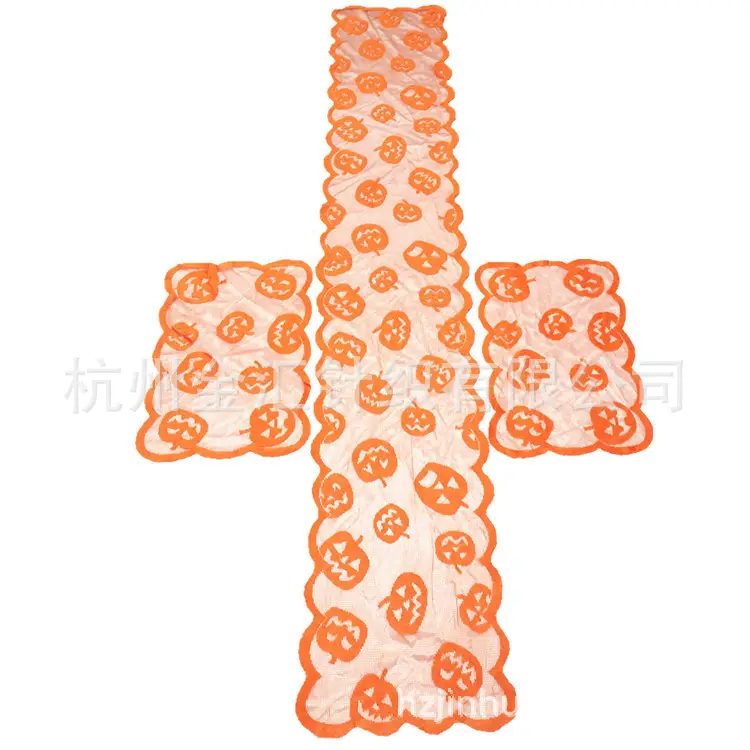 Halloween Hot Orange Pumpkin Pattern Warp Knitted Lace Long Coffee Table Table Runner Spot Wholesale - Image 4
