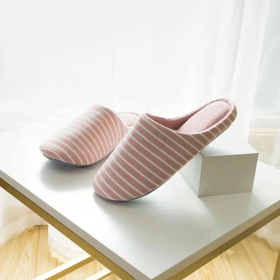 Japanese Autumn and Winter Muji-Style Striped Knitted Slippers for Men and Women, Non-Slip, Indoor, Silent, Warm, Couple Cotton Slippers for Home Use - Image 3