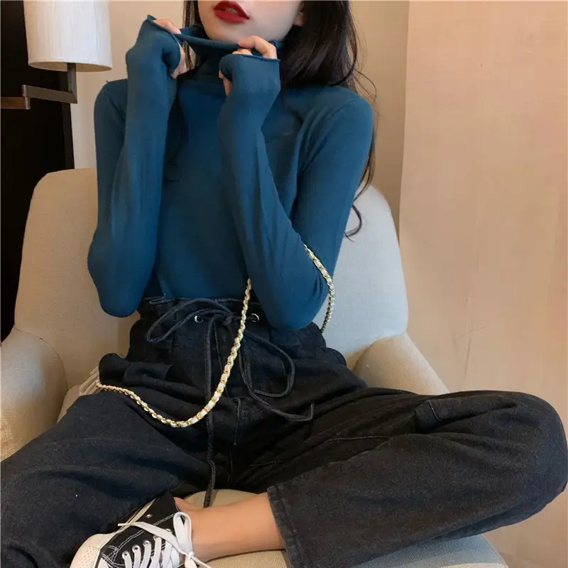 Women Pile Turtleneck Knitwear Blue Long Sleeve - Image 16