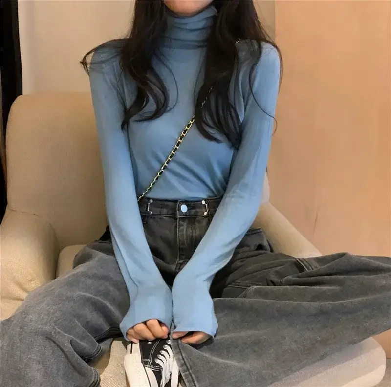 Women Pile Turtleneck Knitwear Blue Long Sleeve - Image 13