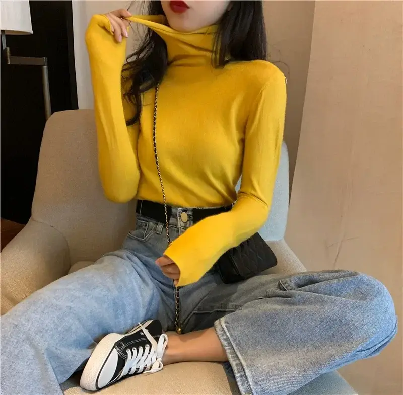 Women Pile Turtleneck Knitwear Blue Long Sleeve - Image 2