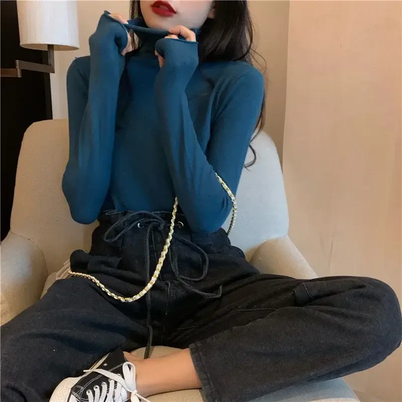 Women Pile Turtleneck Knitwear Blue Long Sleeve - Image 4