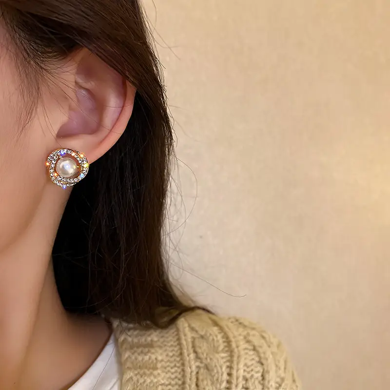 Silver Pearl Double Circle Sparkling Diamond Earrings for Women