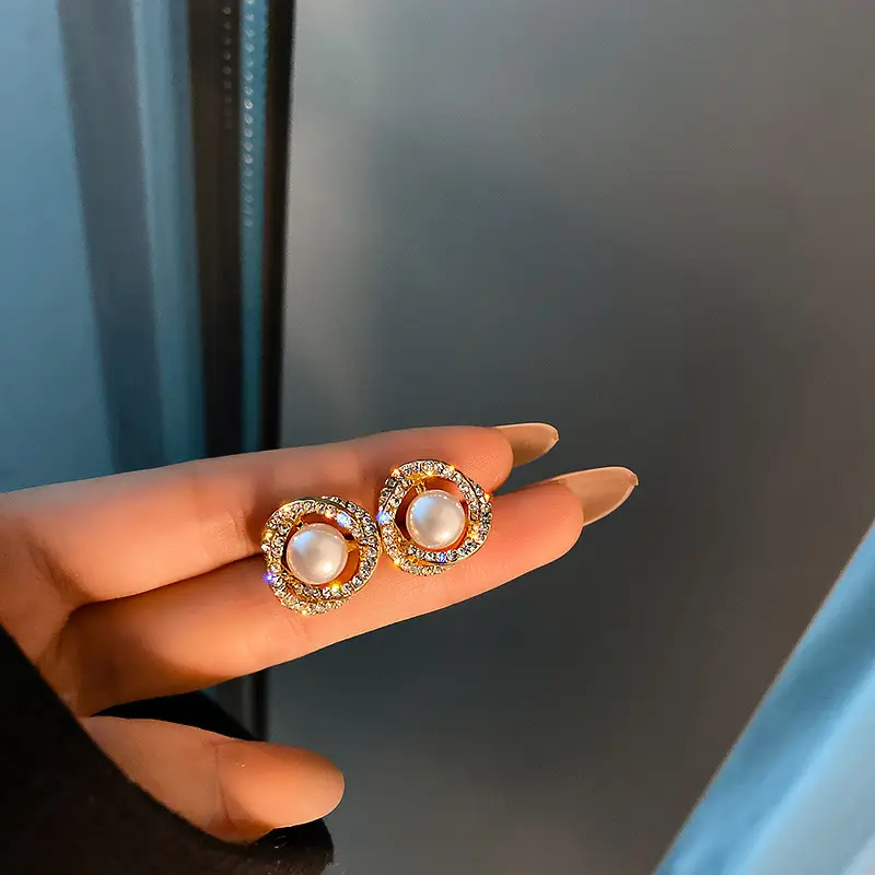Silver Pearl Double Circle Sparkling Diamond Earrings for Women