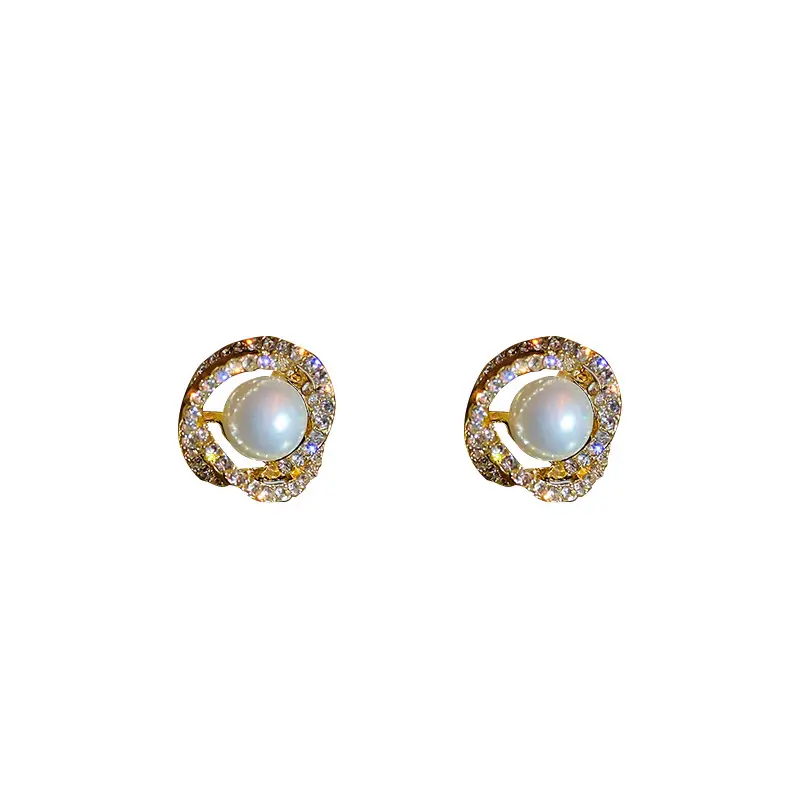 Silver Pearl Double Circle Sparkling Diamond Earrings for Women
