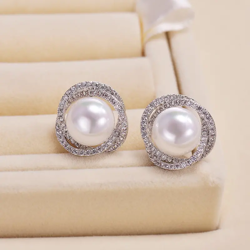 Silver Pearl Double Circle Sparkling Diamond Earrings for Women