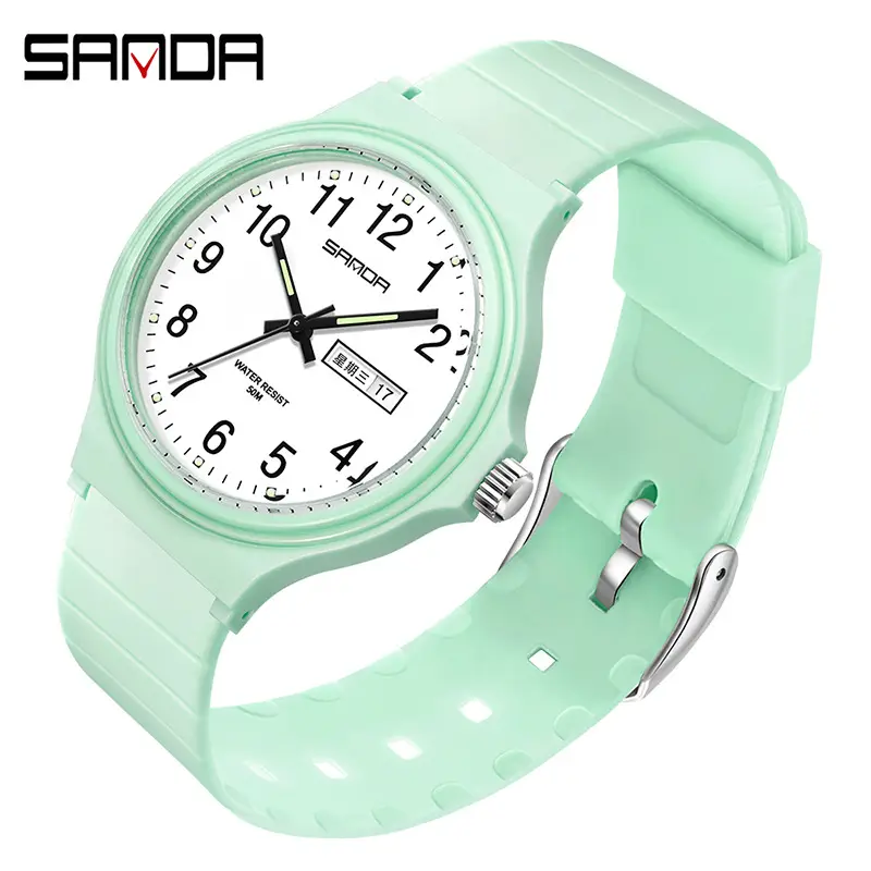 Sanda Mint Green Dual Calendar Electronic Quartz Watch