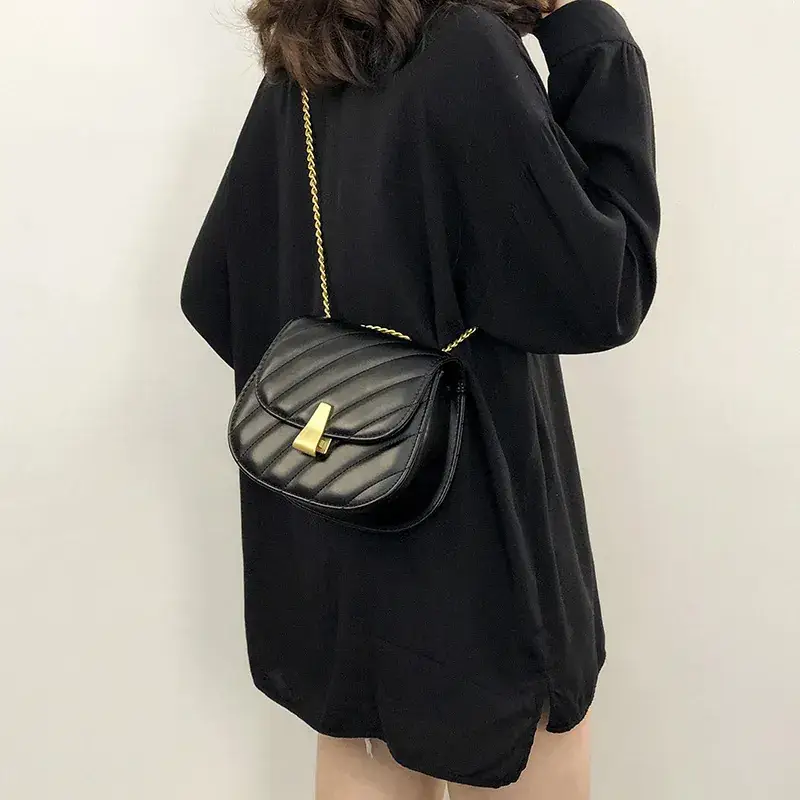 Black Quilted Crossbody Bag with Gold Chain for Women - Image 5