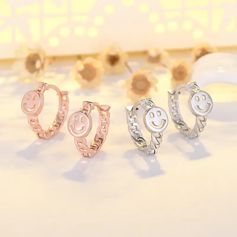 Qiao Lanxuan Japanese Korean New S925 Silver Plated Earrings Round Chain Small Smiley Personality Ear Ring Rose Gold Ear Buckle - Image 3