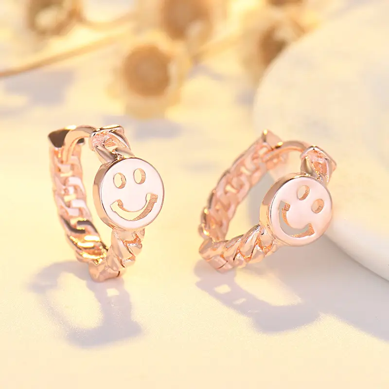 Qiao Lanxuan Japanese Korean New S925 Silver Plated Earrings Round Chain Small Smiley Personality Ear Ring Rose Gold Ear Buckle - Image 2