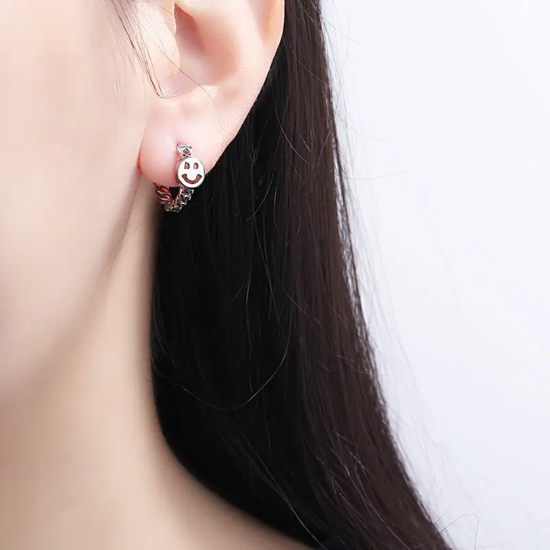 Qiao Lanxuan Japanese Korean New S925 Silver Plated Earrings Round Chain Small Smiley Personality Ear Ring Rose Gold Ear Buckle - Image 4
