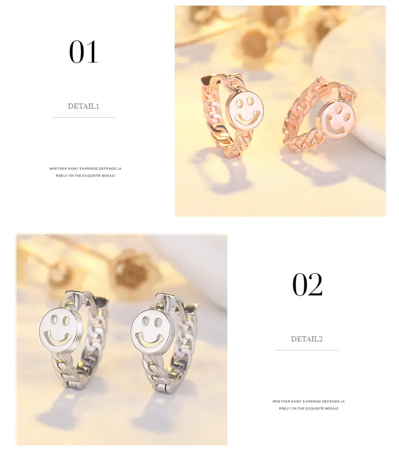 Qiao Lanxuan Japanese Korean New S925 Silver Plated Earrings Round Chain Small Smiley Personality Ear Ring Rose Gold Ear Buckle — feature 38