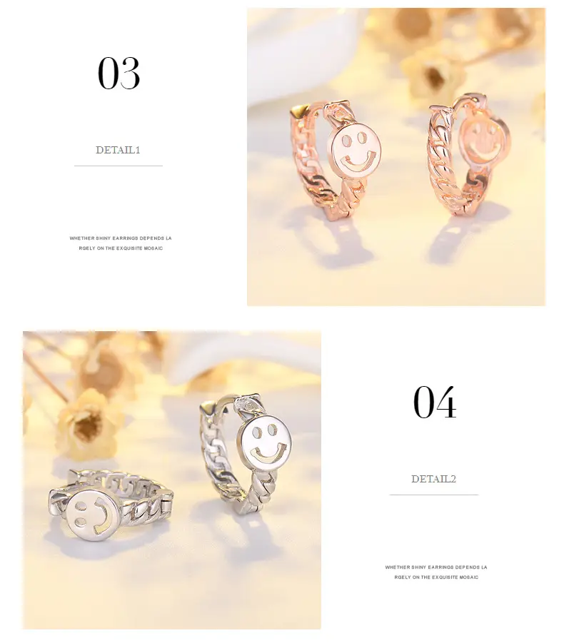 Qiao Lanxuan Japanese Korean New S925 Silver Plated Earrings Round Chain Small Smiley Personality Ear Ring Rose Gold Ear Buckle — feature 39