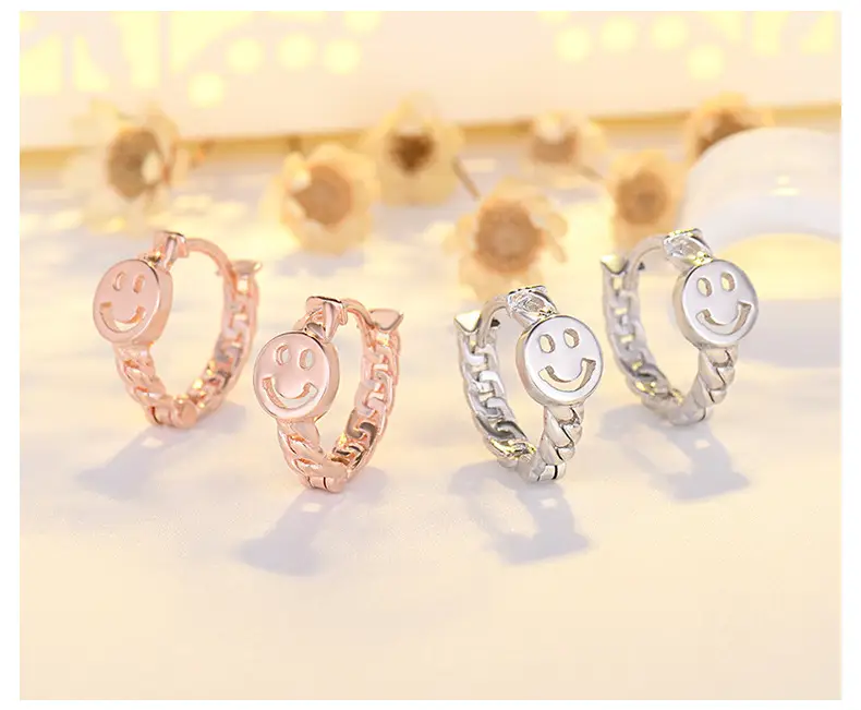 Qiao Lanxuan Japanese Korean New S925 Silver Plated Earrings Round Chain Small Smiley Personality Ear Ring Rose Gold Ear Buckle — feature 42