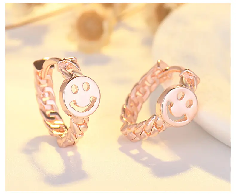 Qiao Lanxuan Japanese Korean New S925 Silver Plated Earrings Round Chain Small Smiley Personality Ear Ring Rose Gold Ear Buckle — feature 43