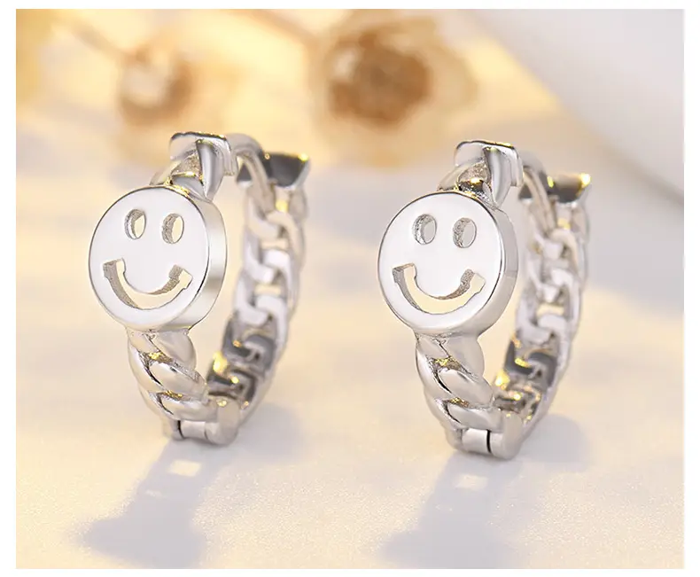 Qiao Lanxuan Japanese Korean New S925 Silver Plated Earrings Round Chain Small Smiley Personality Ear Ring Rose Gold Ear Buckle — feature 44