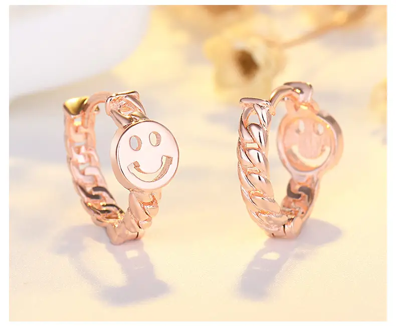 Qiao Lanxuan Japanese Korean New S925 Silver Plated Earrings Round Chain Small Smiley Personality Ear Ring Rose Gold Ear Buckle — feature 45