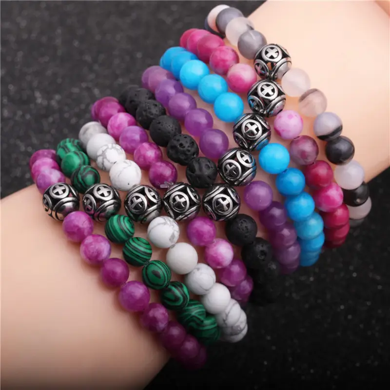 Pink Beaded Stone Cross Bracelet for Men - Image 16