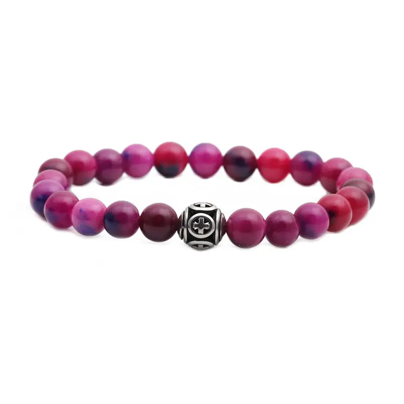 Pink Beaded Stone Cross Bracelet for Men - Image 18