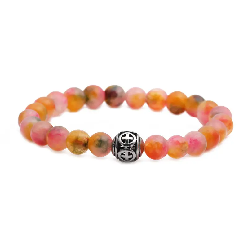 Pink Beaded Stone Cross Bracelet for Men - Image 12