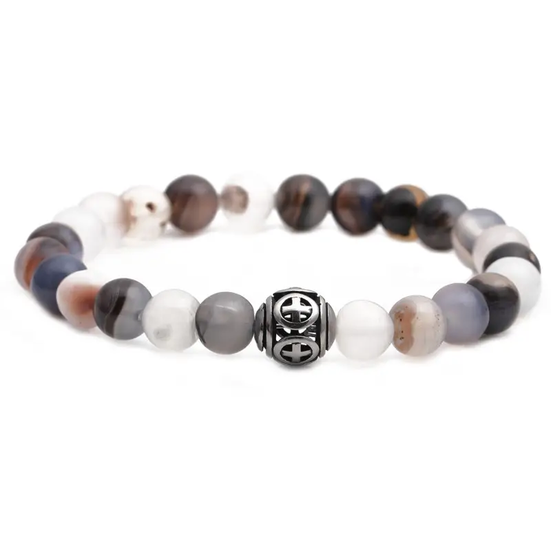 Pink Beaded Stone Cross Bracelet for Men - Image 14