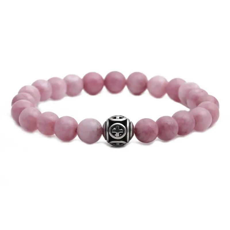 Pink Beaded Stone Cross Bracelet for Men - Image 4