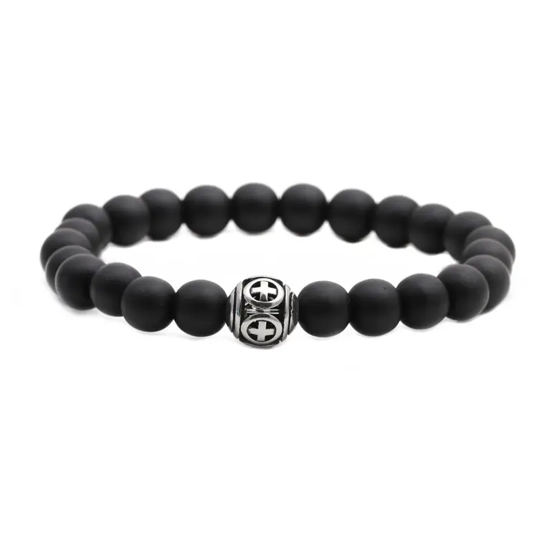 Pink Beaded Stone Cross Bracelet for Men - Image 8