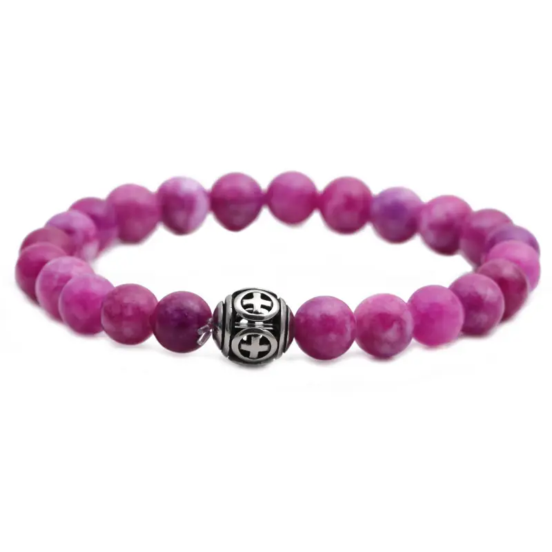 Pink Beaded Stone Cross Bracelet for Men - Image 9