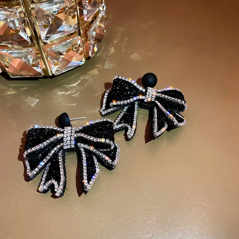 Silver Needle Sparkling Diamond Bow Earrings for Women - Image 4