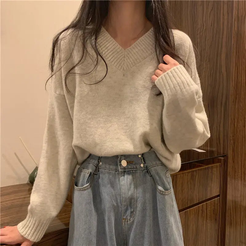 Women's V-Neck Long Sleeve Knit Sweater Top - Image 2