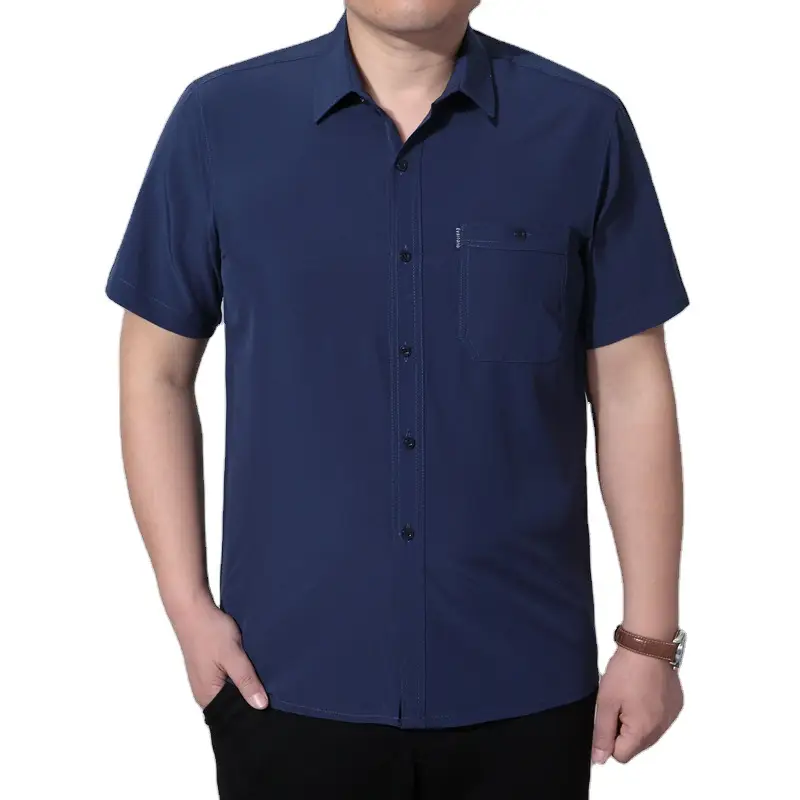 Men Navy Blue Lapel Shirt Large - Image 11