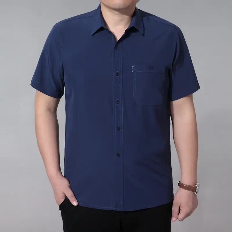 Men Navy Blue Lapel Shirt Large - Image 5