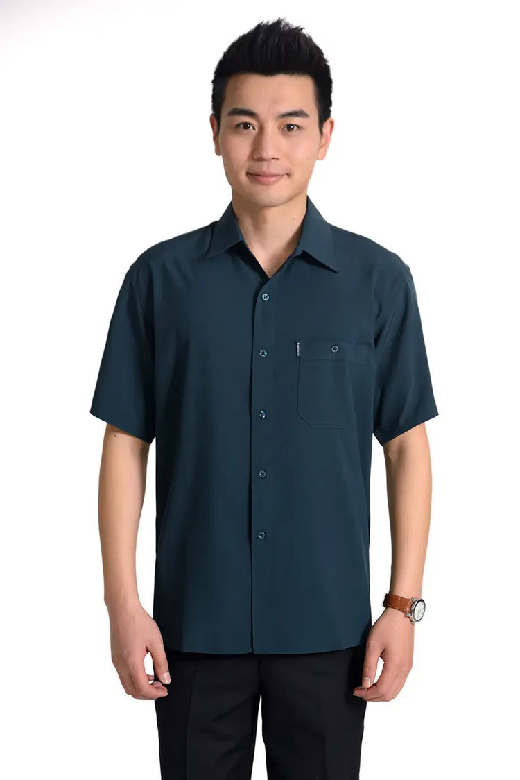 Men Navy Blue Lapel Shirt Large - Image 7
