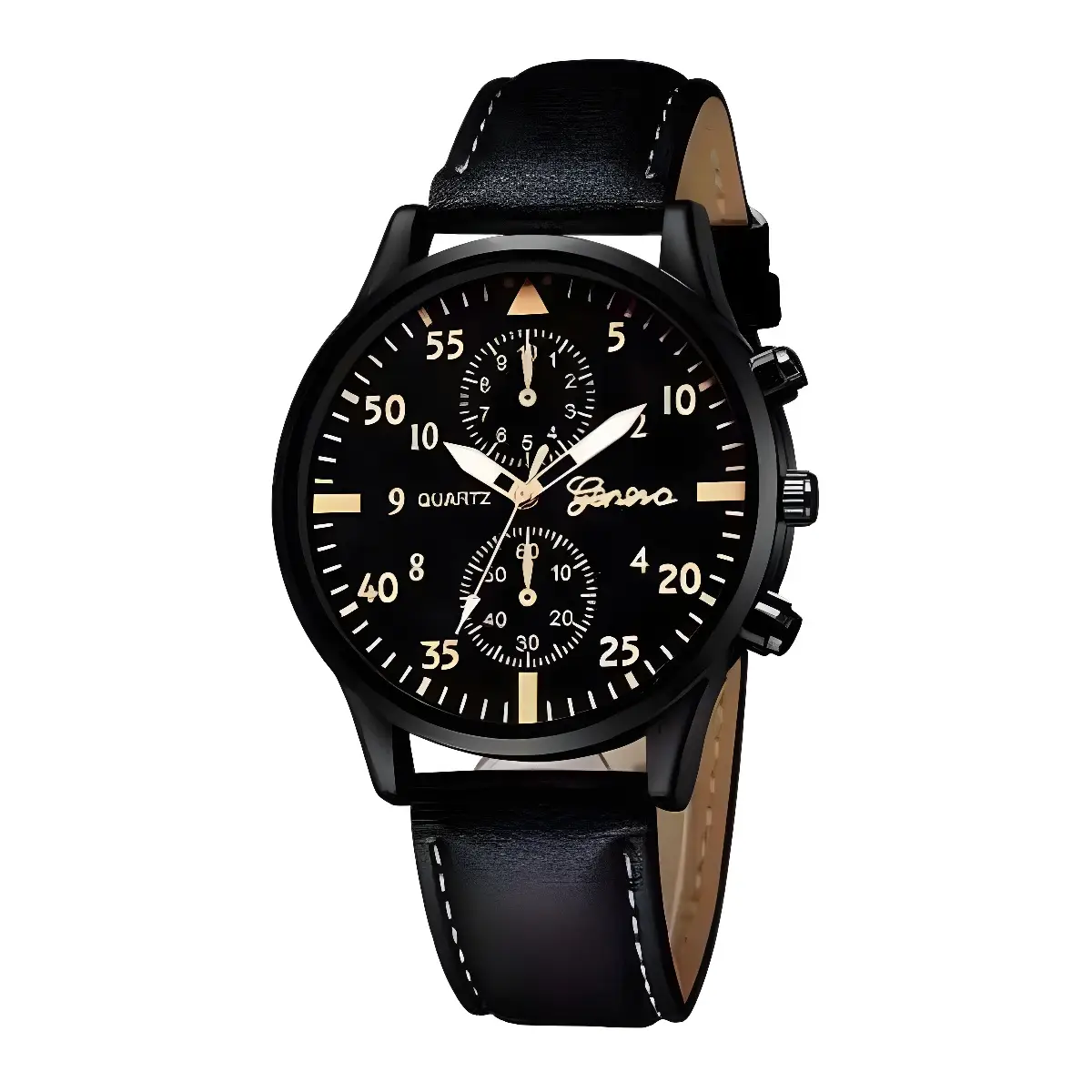 Men's Black Chronograph Watch with Brown Leather Band