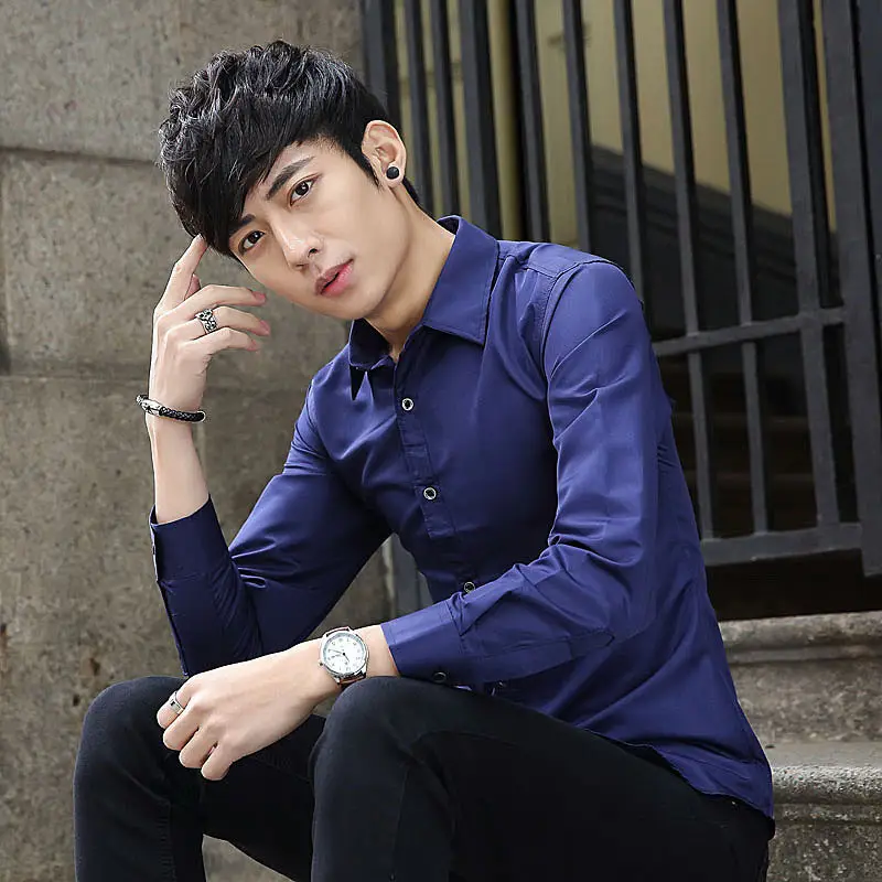 Men Korean Style Slim Fit Light Blue Long Sleeve Shirt - Image 8