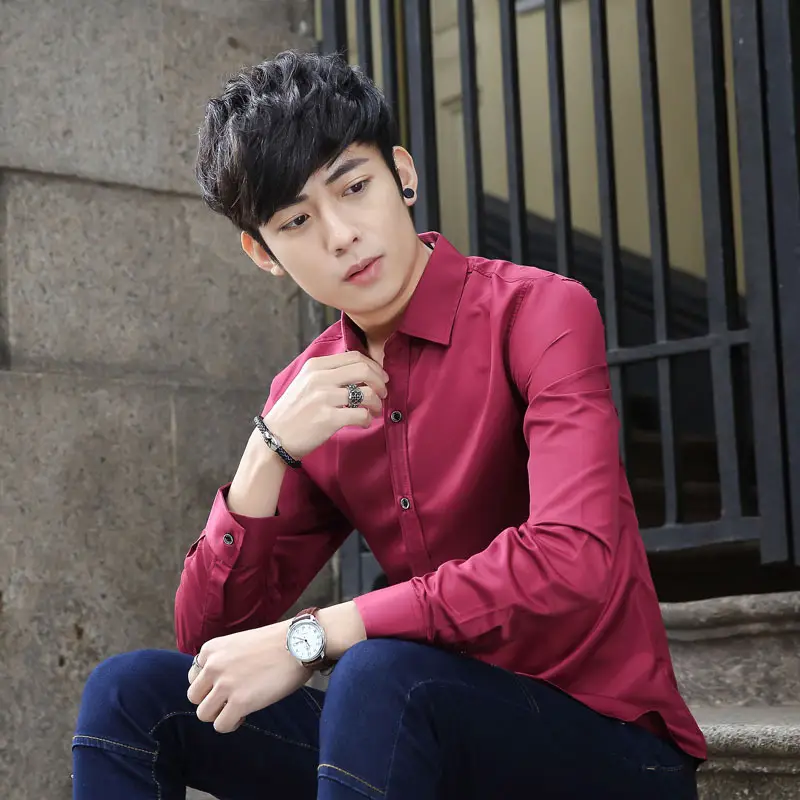 Men Korean Style Slim Fit Light Blue Long Sleeve Shirt - Image 10